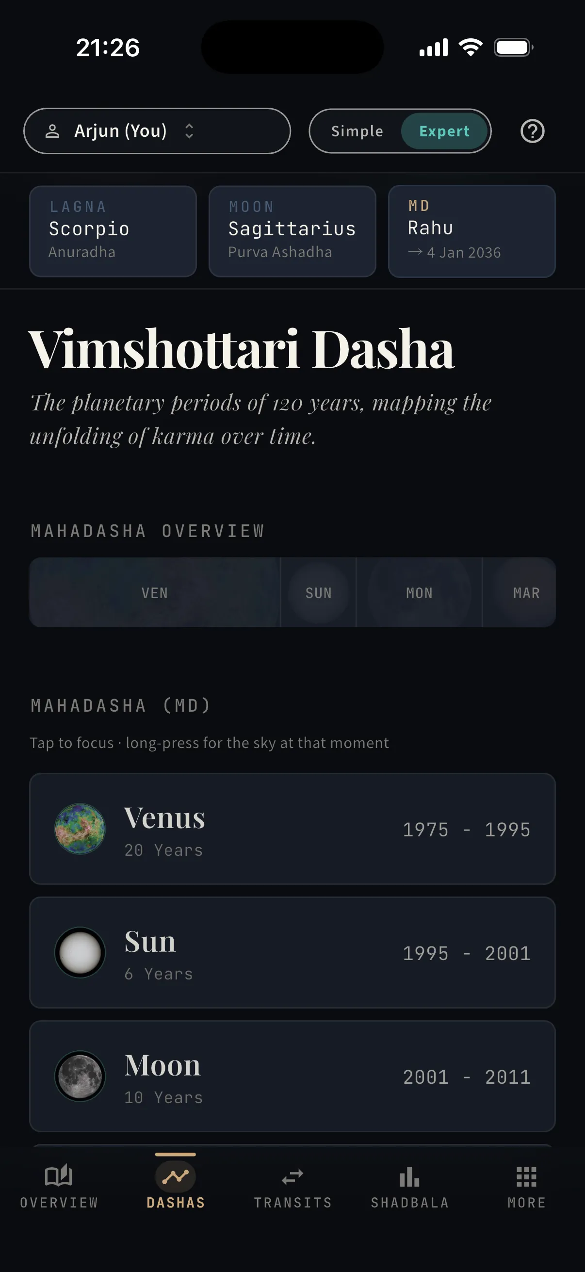 Dashas tab — Vimshottari as a navigable tree — the 120-year map.