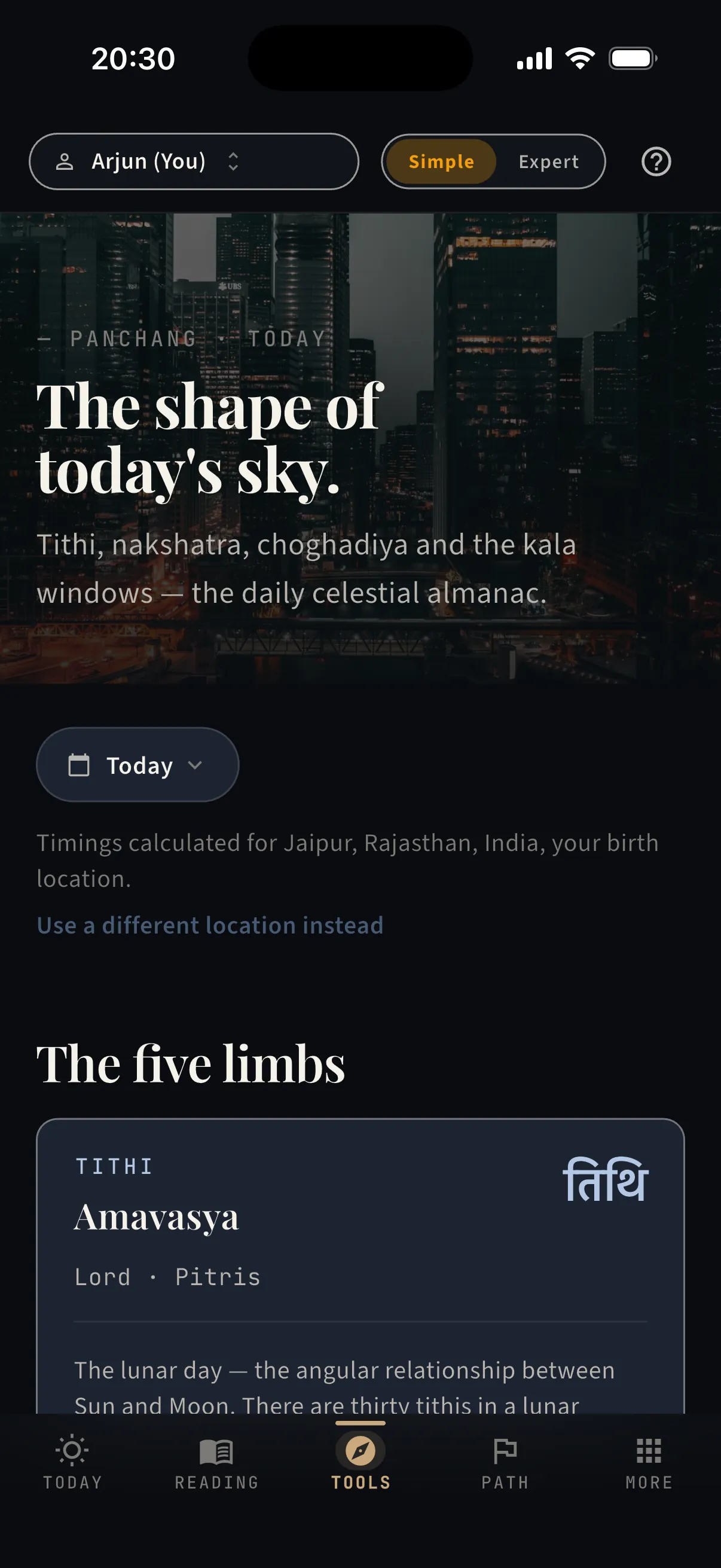 Panchang — the five limbs of today — real capture from the app