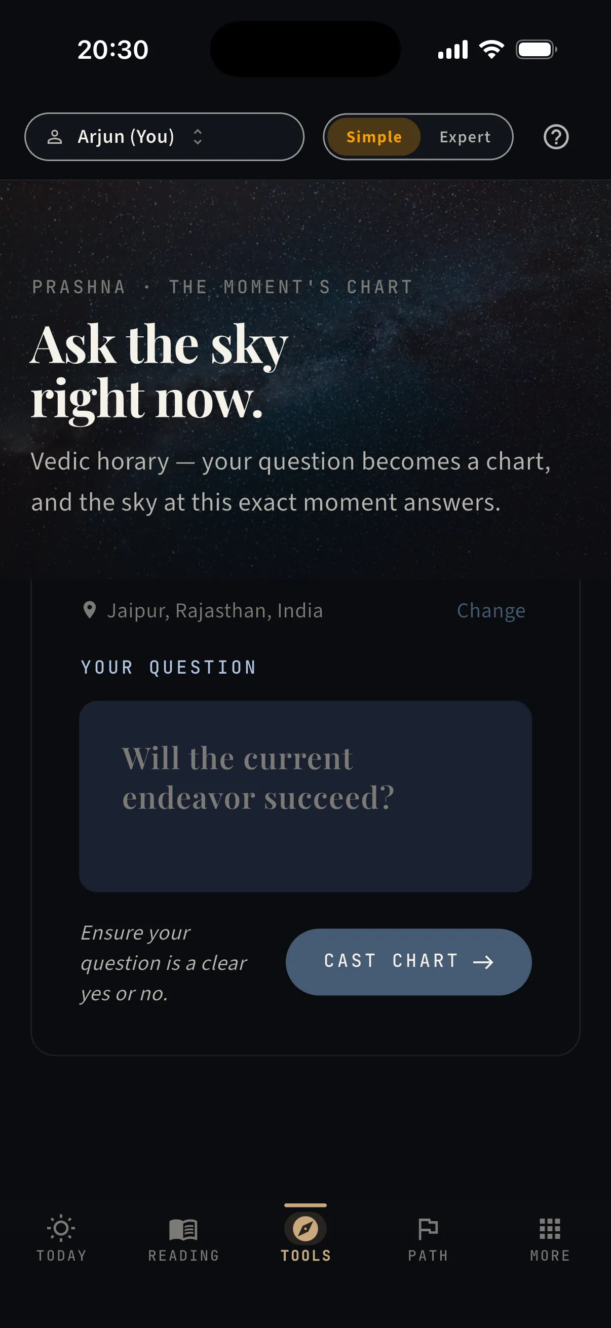 Ask the sky, right now. — real screen from the app