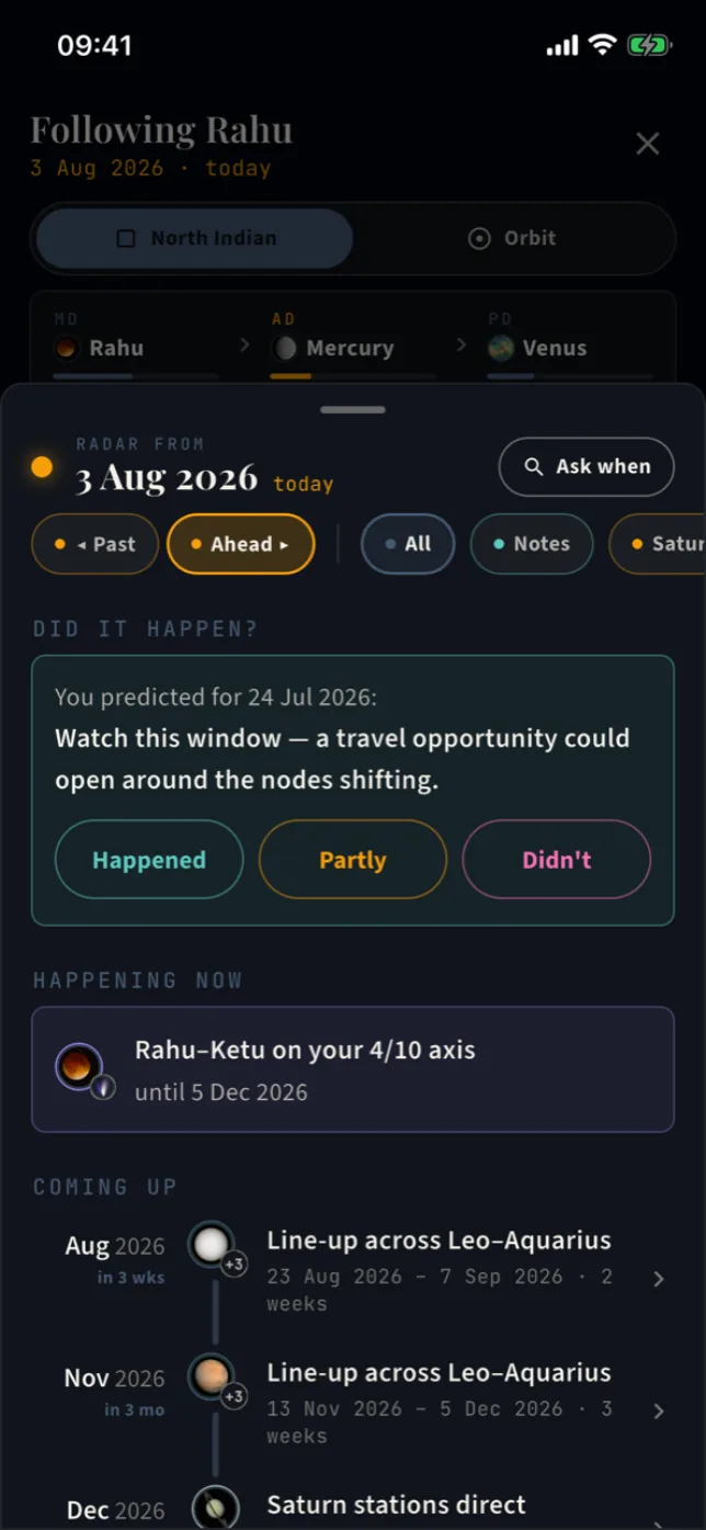 The pattern radar — anchor date, Past and Ahead directions, colored filter chips, and the coming-up timeline with planet portraits. Real capture.