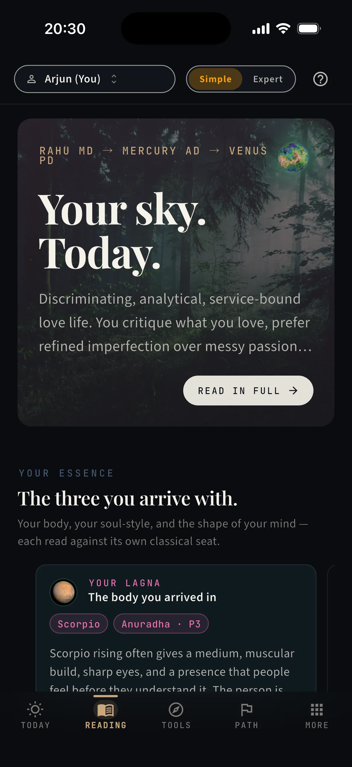 The Reading screen — your chart told in plain language, from a real capture of the app