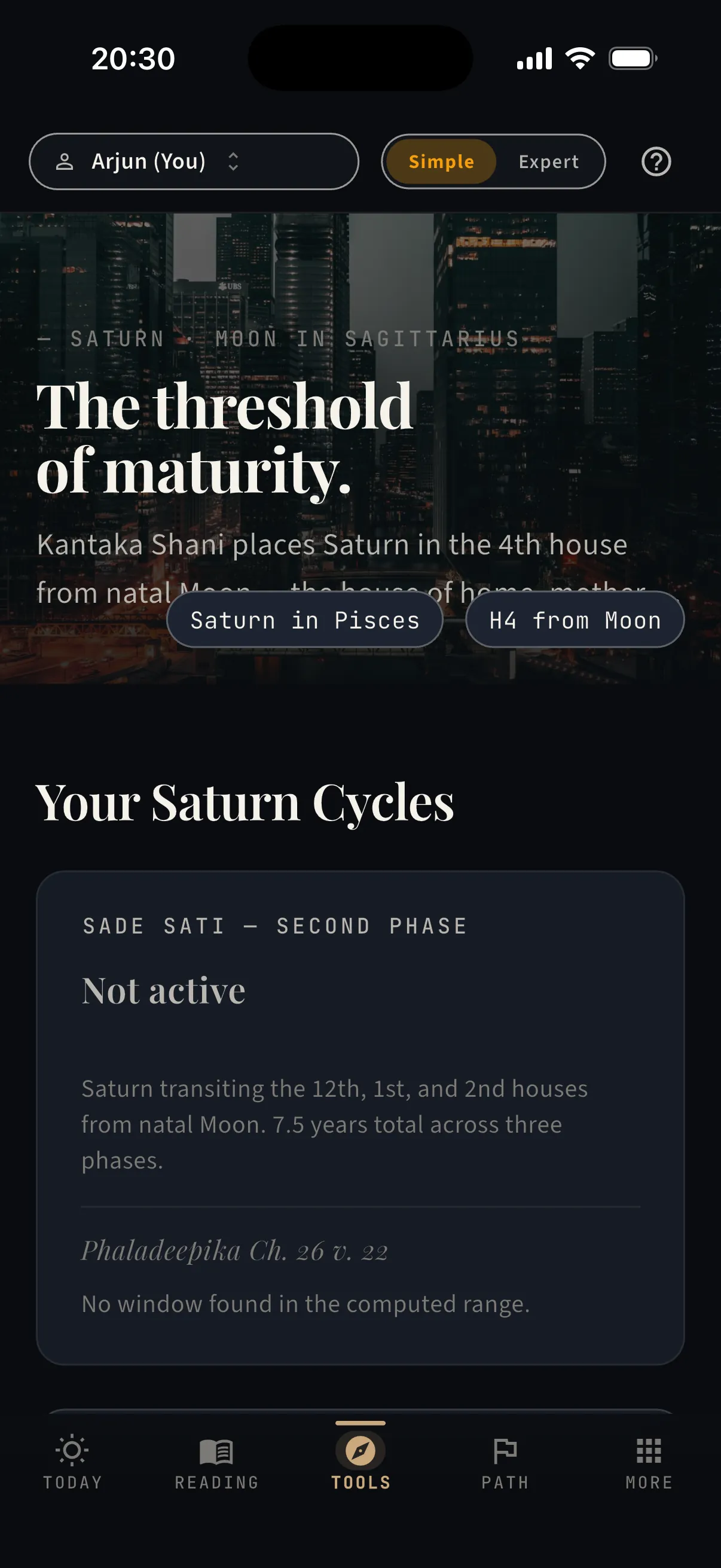 Saturn’s cycle — Sade Sati, with dates — real capture from the app