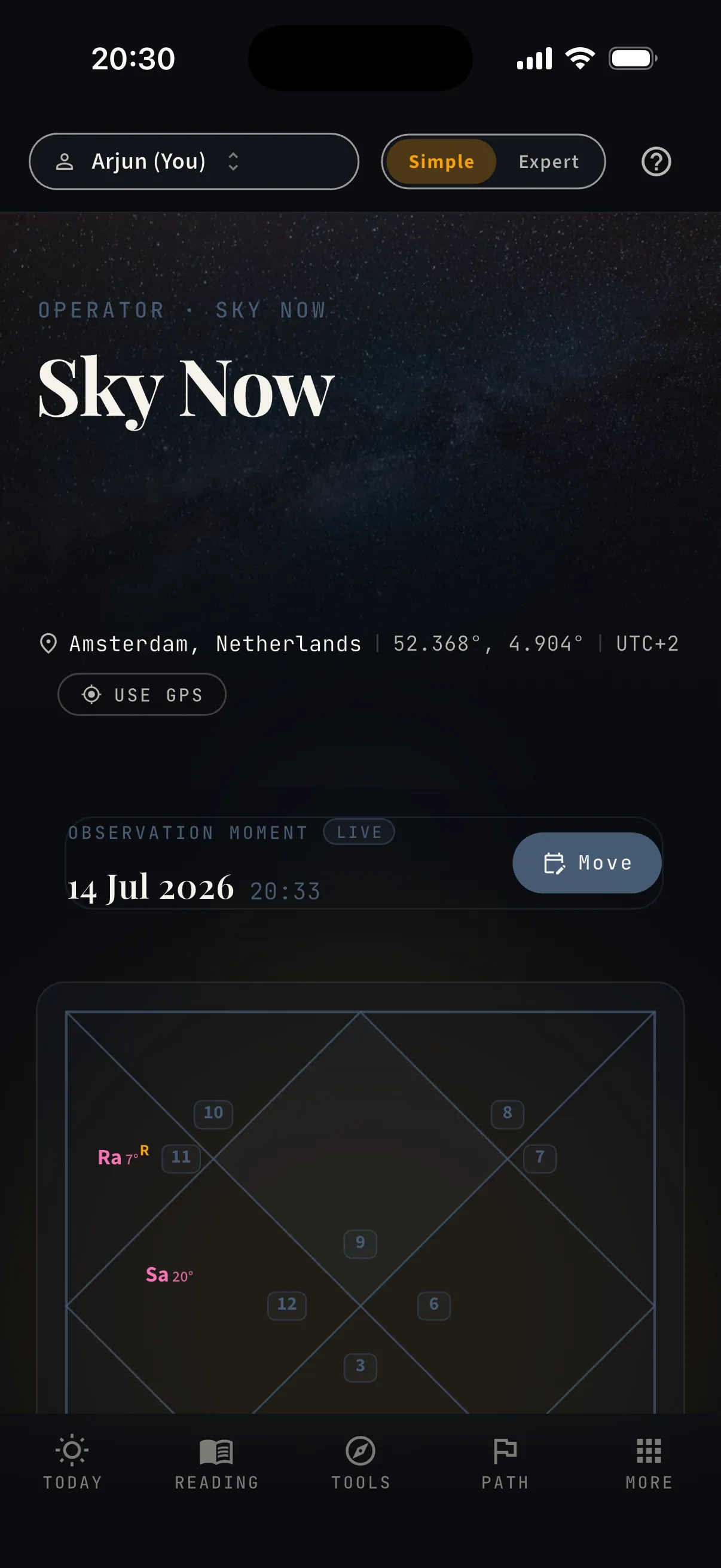 Sky Now — the live chart for your location. Real capture.