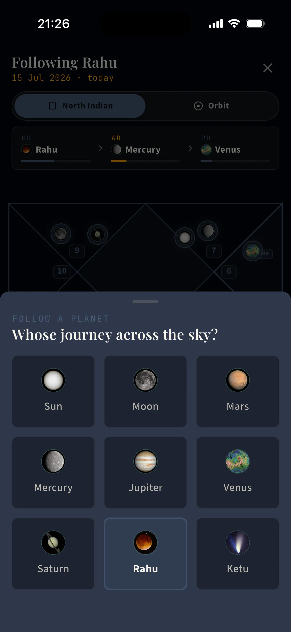 Whose journey? — The follow picker — all nine grahas, one tap to ride along with any of them.