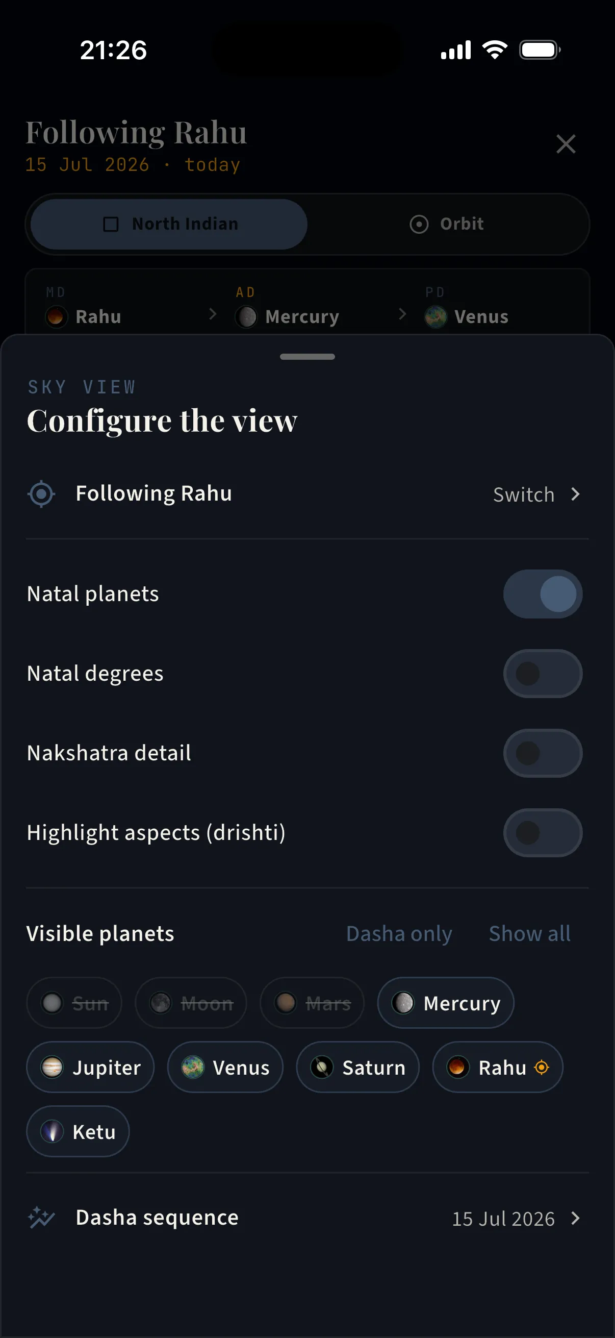 Configure the view — One sheet holds every option — set the sky up the way you read it.