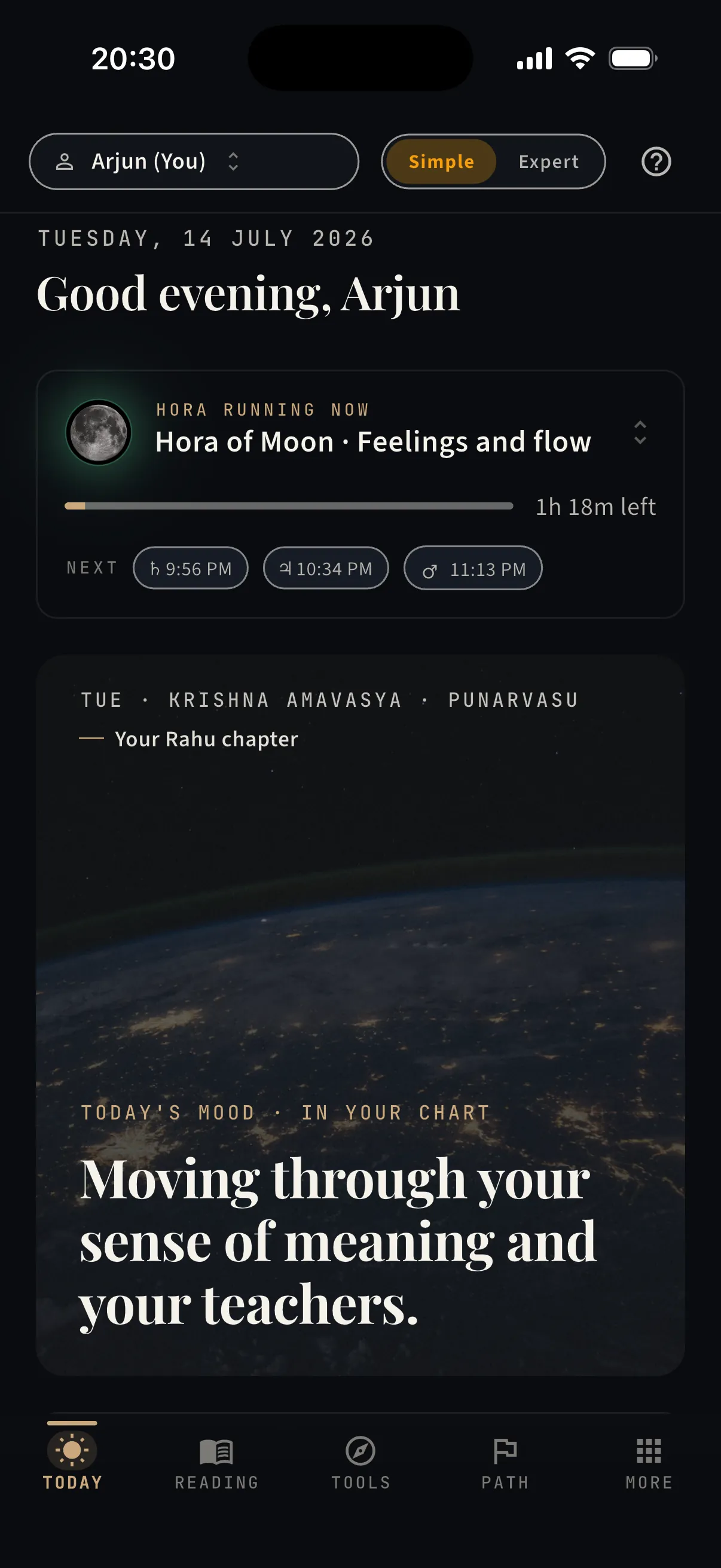 The Today screen of Aatam Vision — the running planetary hour and the day's moon chapter, computed from a real chart
