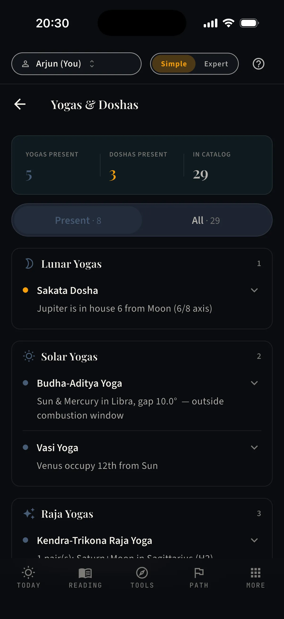 Yogas and Doshas — 29 classical signatures checked against the chart, with conditions shown. Real capture.